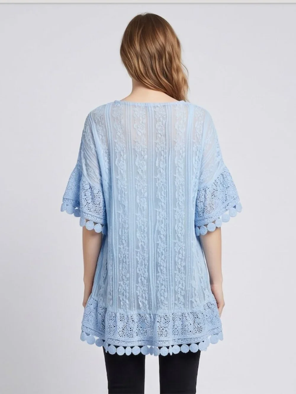Romantic Lace Tunic Top Flutter Sleeve Ruffle Hem Boho Smock Baby Blue - Picture 4 of 8